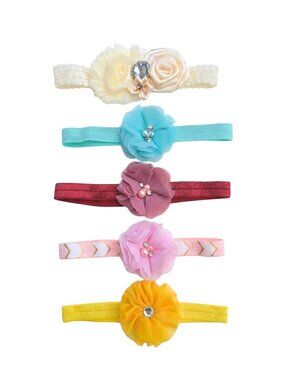 New | 5 Pack Handmade Baby Mixed Floral Lace & Chevron Headbands Set Soft